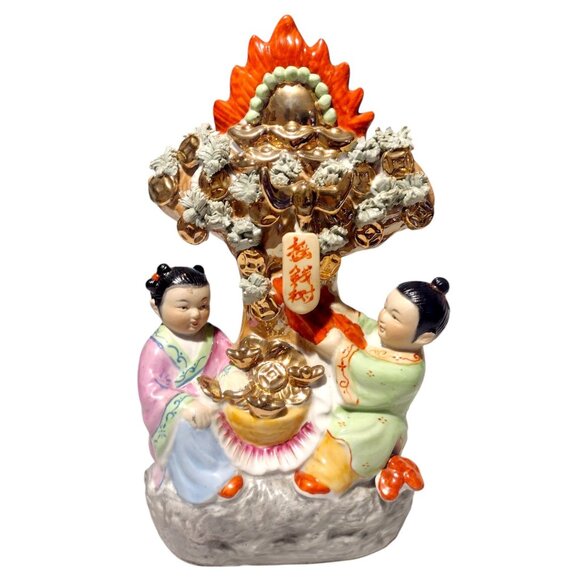 Vintage Antique Chinese Ornate Porcelain Sculpture Boy Girl Gold Tree of Life 13 - Picture 2 of 13